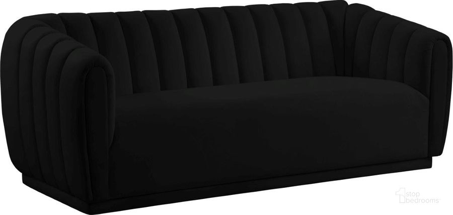 The appearance of Dixie Black Velvet Sofa designed by Meridian in the modern / contemporary interior design. This black velvet piece of furniture  was selected by 1StopBedrooms from Dixie Collection to add a touch of cosiness and style into your home. Sku: 674Black-S. Product Type: Sofa. Material: Pine. Image1