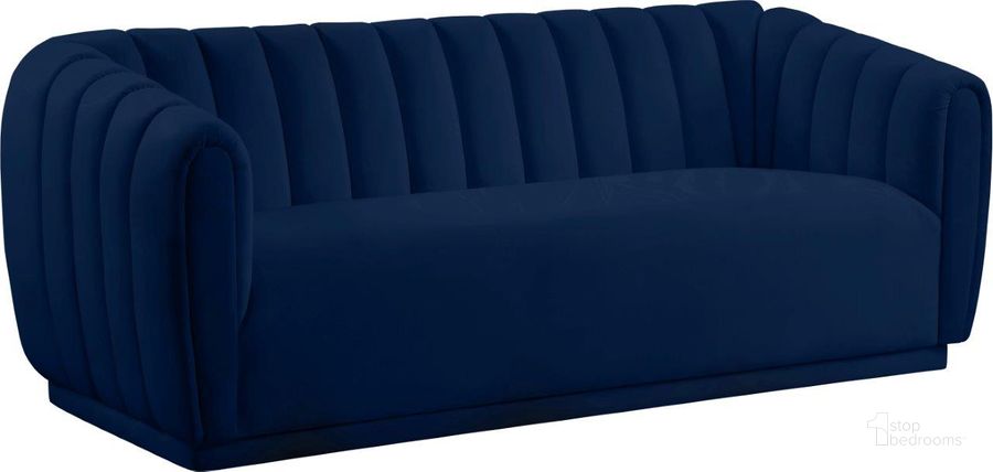 The appearance of Dixie Navy Velvet Sofa designed by Meridian in the modern / contemporary interior design. This navy velvet piece of furniture  was selected by 1StopBedrooms from Dixie Collection to add a touch of cosiness and style into your home. Sku: 674Navy-S. Product Type: Sofa. Material: Pine. Image1
