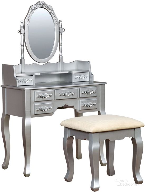 The appearance of Harriet Silver Vanity designed by Furniture of America in the transitional interior design. This silver piece of furniture  was selected by 1StopBedrooms from Harriet Collection to add a touch of cosiness and style into your home. Sku: CM-DK6845SV. Material: Glass. Product Type: Vanity. Image1
