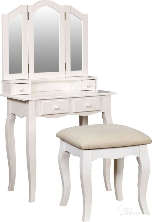The appearance of Janelle White Vanity designed by Furniture of America in the transitional interior design. This white piece of furniture  was selected by 1StopBedrooms from Janelle Collection to add a touch of cosiness and style into your home. Sku: CM-DK6846WH. Material: Wood. Product Type: Vanity. Image1