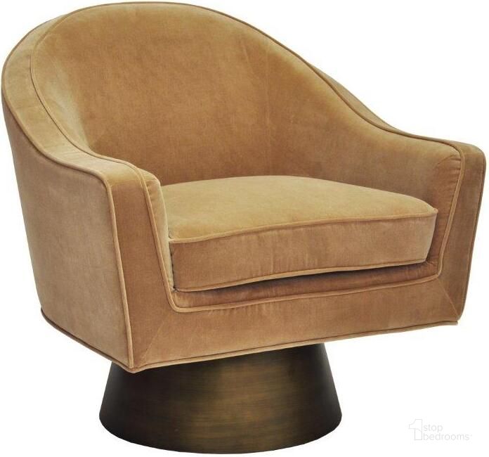 The appearance of Dominic Camel Velvet Swivel Chair designed by Worlds Away in the modern / contemporary interior design. This beige piece of furniture  was selected by 1StopBedrooms from Dominic Collection to add a touch of cosiness and style into your home. Sku: DOMINIC CML. Material: Metal. Product Type: Swivel Chair. Image1