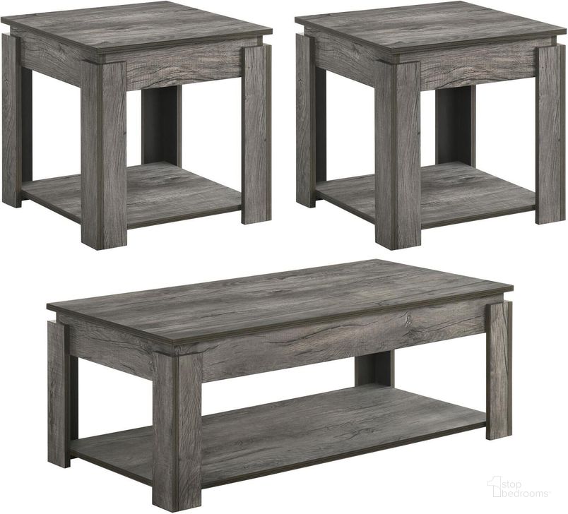 The appearance of Donal 3-Piece Occasional Set with Open Shelves In Weathered Grey designed by Coaster in the rustic / southwestern interior design. This weathered grey piece of furniture  was selected by 1StopBedrooms from Donal Collection to add a touch of cosiness and style into your home. Sku: 736145. Material: Wood. Product Type: Occasional Table Set. Image1