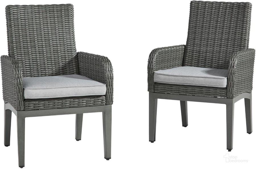 The appearance of Donalima Gray Outdoor Dining Chair Set of 2 designed by Isaac Tahari in the transitional interior design. This gray piece of furniture  was selected by 1StopBedrooms from Donalima Collection to add a touch of cosiness and style into your home. Sku: P518-601A. Material: Fabric. Product Type: Outdoor Dining Chair. Image1