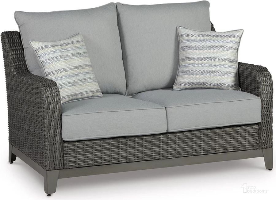 The appearance of Donalima Gray Outdoor Loveseat 0qd24410983 designed by Isaac Tahari in the transitional interior design. This gray piece of furniture  was selected by 1StopBedrooms from Donalima Collection to add a touch of cosiness and style into your home. Sku: P518-835. Material: Fabric. Product Type: Outdoor Loveseat. Image1