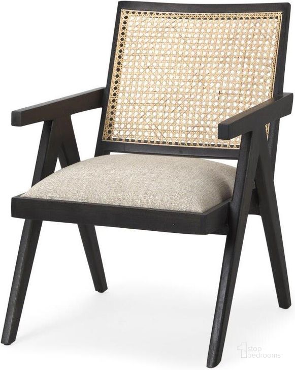 The appearance of Donna Black Wood Cane-Back With Beige Upholstered Seat Accent Chair designed by Mercana in the modern / contemporary interior design. This black and beige piece of furniture  was selected by 1StopBedrooms from Donna Collection to add a touch of cosiness and style into your home. Sku: 69991. Material: Wood. Product Type: Accent Chair. Image1