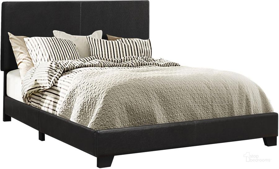 The appearance of Dorian Black King Upholstered Platform Bed designed by Coaster in the transitional interior design. This black piece of furniture  was selected by 1StopBedrooms from Dorian Collection to add a touch of cosiness and style into your home. Sku: 300761KE. Bed Type: Platform Bed. Product Type: Platform Bed. Bed Size: King. Material: Vinyl. Image1