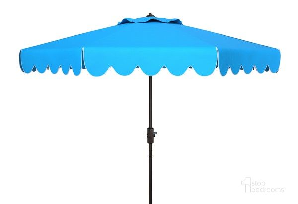 The appearance of Dorinda 9Ft Crank Umbrella in Blue designed by Safavieh in the modern / contemporary interior design. This blue piece of furniture  was selected by 1StopBedrooms from Dorinda Collection to add a touch of cosiness and style into your home. Sku: PAT8010P. Material: Metal. Product Type: Umbrella. Image1