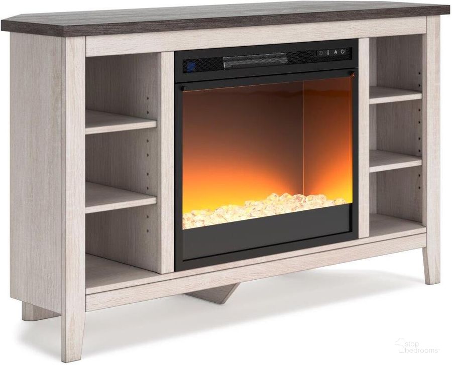 The appearance of Dorrinson Antiqued White And Gray Corner TV Stand With Electric Fireplace designed by Signature Design by Ashley in the transitional interior design. This two-tone piece of furniture  was selected by 1StopBedrooms from Dorrinson Collection to add a touch of cosiness and style into your home. Sku: W287-67;W100-02. Material: Wood. Product Type: TV Stand. Image1