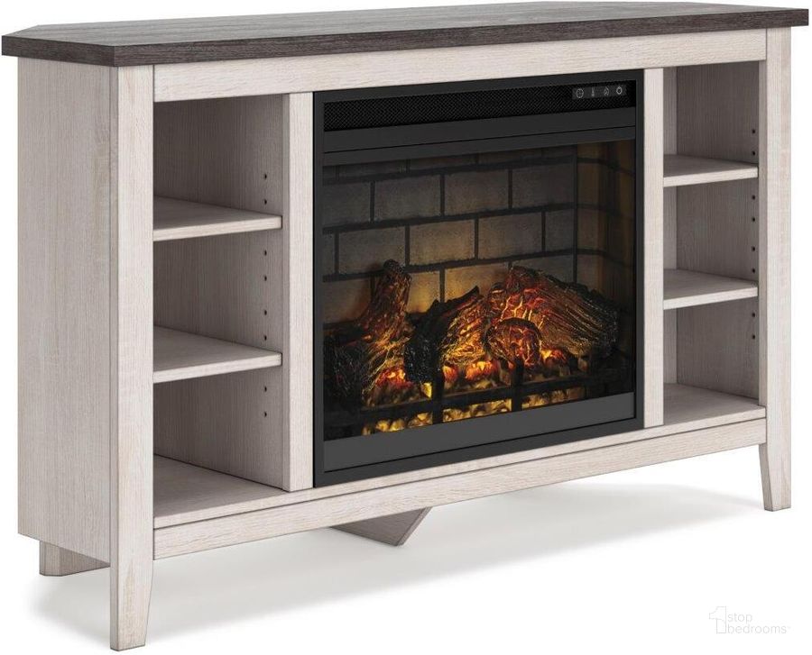 The appearance of Dorrinson Antiqued White And Gray Corner TV Stand With Infrared Electric Fireplace designed by Signature Design by Ashley in the transitional interior design. This two-tone piece of furniture  was selected by 1StopBedrooms from Dorrinson Collection to add a touch of cosiness and style into your home. Sku: W287-67;W100-101. Material: Wood. Product Type: TV Stand. Image1
