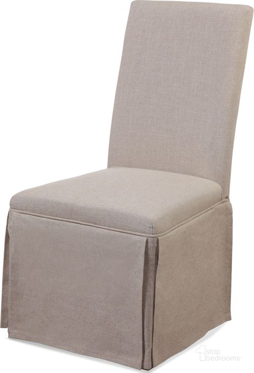 The appearance of Skirted Natural Linen Parson Chair Set of 2 designed by Bassett Mirror Company in the modern / contemporary interior design. This beige piece of furniture  was selected by 1StopBedrooms from Skirted Collection to add a touch of cosiness and style into your home. Sku: DPCH8-739EC. Material: Fabric. Product Type: Chair.