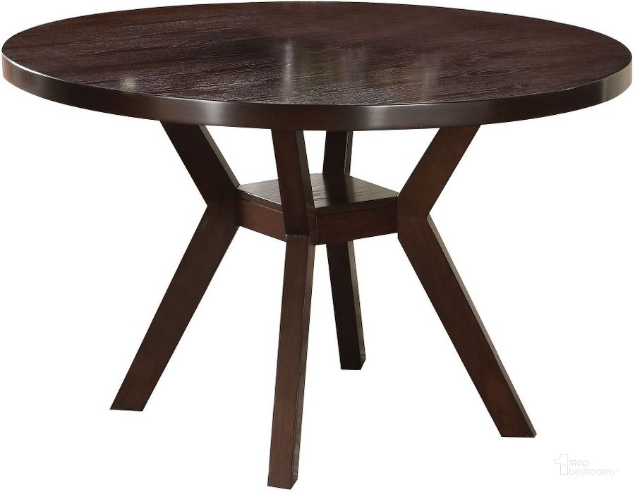 The appearance of Drake Dining Table designed by ACME in the modern / contemporary interior design. This brown piece of furniture  was selected by 1StopBedrooms from Drake Collection to add a touch of cosiness and style into your home. Sku: 16250. Table Base Style: Trestle. Table Top Shape: Round. Material: Wood. Product Type: Dining Table. Table Top Style: Storage. Image1