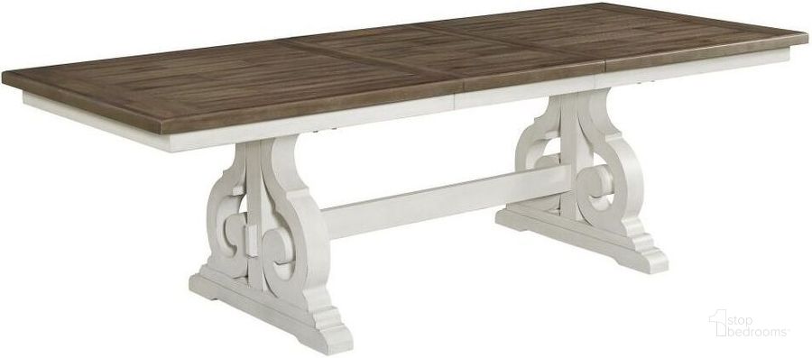 The appearance of Drake Rustic White And French Oak Extendable Trestle Dining Table designed by Intercon in the traditional interior design. This white and brown piece of furniture  was selected by 1StopBedrooms from Drake Collection to add a touch of cosiness and style into your home. Sku: DK-TA-4098-RFO-C. Table Base Style: Trestle. Product Type: Dining Table. Table Top Shape: Rectangular. Size: 40". Image1