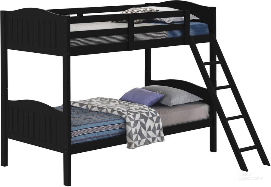 The appearance of Dramaco Black Twin Over Twin Bunk Bed designed by Bennett Interiors in the transitional interior design. This black piece of furniture  was selected by 1StopBedrooms from Dramaco Collection to add a touch of cosiness and style into your home. Sku: 405053BLKB1;405053BLKB2. Bed Type: Bunk Bed. Product Type: Bunk Bed. Material: MDF. Bed Size: Twin Over Twin. Image1
