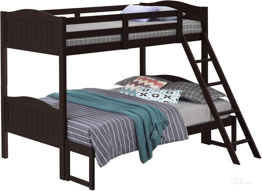The appearance of Dramaco Brown Twin Over Full Bunk Bed 0qd24390946 designed by Bennett Interiors in the transitional interior design. This brown piece of furniture  was selected by 1StopBedrooms from Dramaco Collection to add a touch of cosiness and style into your home. Sku: 405050BRN;405053BRNB1;405053BRNB2. Bed Type: Bunk Bed. Product Type: Bunk Bed. Material: MDF. Bed Size: Twin Over Full. Image1