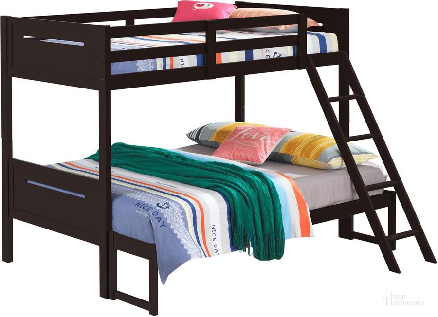 The appearance of Dramaco Brown Twin Over Full Bunk Bed 0qd24390948 designed by Bennett Interiors in the transitional interior design. This brown piece of furniture  was selected by 1StopBedrooms from Dramaco Collection to add a touch of cosiness and style into your home. Sku: 405050BRN;405051BRNB1;405051BRNB2. Bed Type: Bunk Bed. Product Type: Bunk Bed. Material: MDF. Bed Size: Twin Over Full. Image1