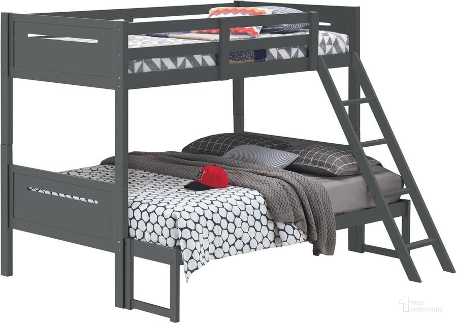 The appearance of Dramaco Gray Twin Over Full Bunk Bed 0qd24390952 designed by Bennett Interiors in the transitional interior design. This gray piece of furniture  was selected by 1StopBedrooms from Dramaco Collection to add a touch of cosiness and style into your home. Sku: 405050GRY;405051GRYB1;405051GRYB2. Bed Type: Bunk Bed. Product Type: Bunk Bed. Material: MDF. Bed Size: Twin Over Full. Image1