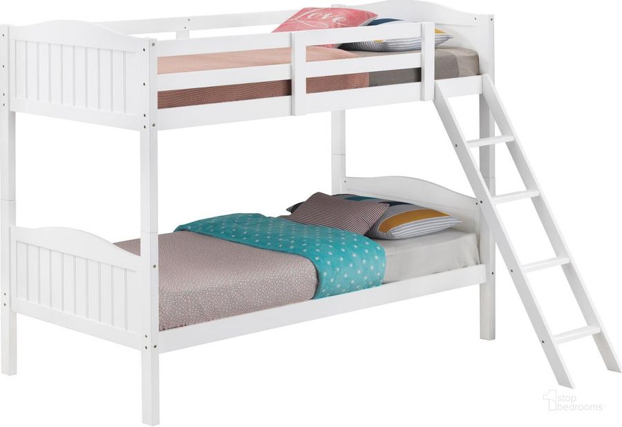 The appearance of Dramaco White Twin Over Twin Bunk Bed 0qd24390958 designed by Bennett Interiors in the transitional interior design. This white piece of furniture  was selected by 1StopBedrooms from Dramaco Collection to add a touch of cosiness and style into your home. Sku: 405053WHTB1;405053WHTB2. Bed Type: Bunk Bed. Product Type: Bunk Bed. Material: MDF. Bed Size: Twin Over Twin. Image1
