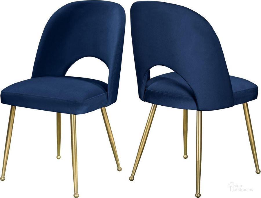 The appearance of Drayson Navy Velvet Dining Chair Set of 2 designed by Furnique in the modern / contemporary interior design. This navy velvet piece of furniture  was selected by 1StopBedrooms from Drayson Collection to add a touch of cosiness and style into your home. Sku: 990Navy-C. Material: Fabric. Product Type: Dining Chair. Image1