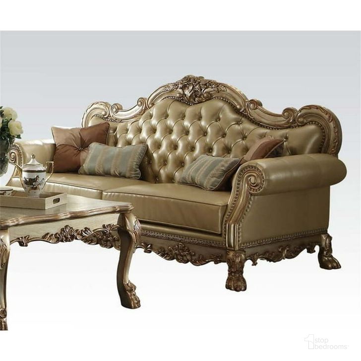 The appearance of Drummondville Gold Sofa designed by Isaac Tahari in the transitional interior design. This gold piece of furniture  was selected by 1StopBedrooms from Drummondville Collection to add a touch of cosiness and style into your home. Sku: 53160. Product Type: Sofa. Material: Vinyl. Image1