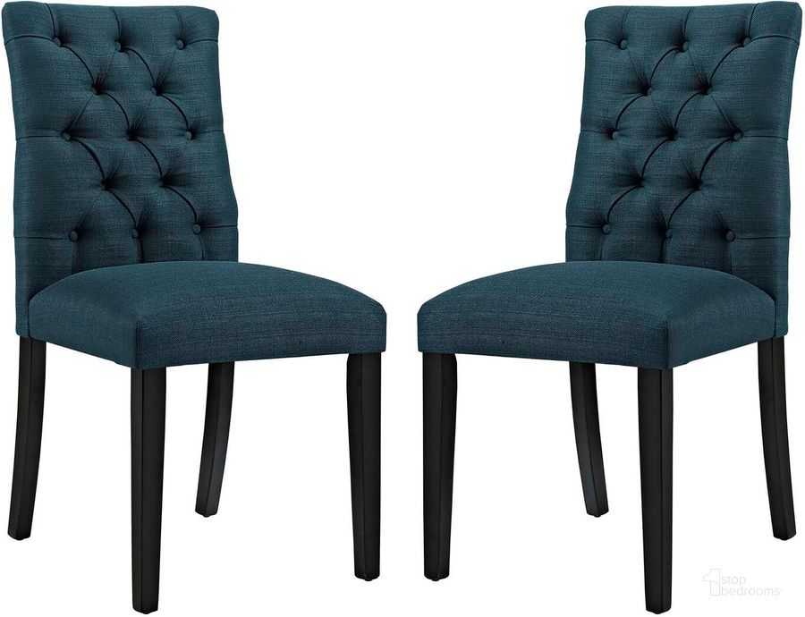 The appearance of Duchess Azure Dining Chair Fabric Set of 2 designed by Modway in the modern / contemporary interior design. This azure piece of furniture  was selected by 1StopBedrooms from Duchess Collection to add a touch of cosiness and style into your home. Sku: EEI-3474-AZU. Product Type: Dining Chair. Material: Plywood. Image1