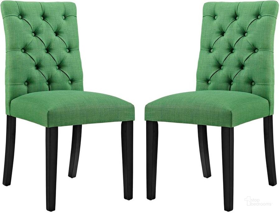 The appearance of Duchess Dining Chair Fabric Set of 2 In Green designed by Modway in the modern / contemporary interior design. This green piece of furniture  was selected by 1StopBedrooms from Duchess Collection to add a touch of cosiness and style into your home. Sku: EEI-3474-GRN. Product Type: Dining Chair. Material: Plywood. Image1