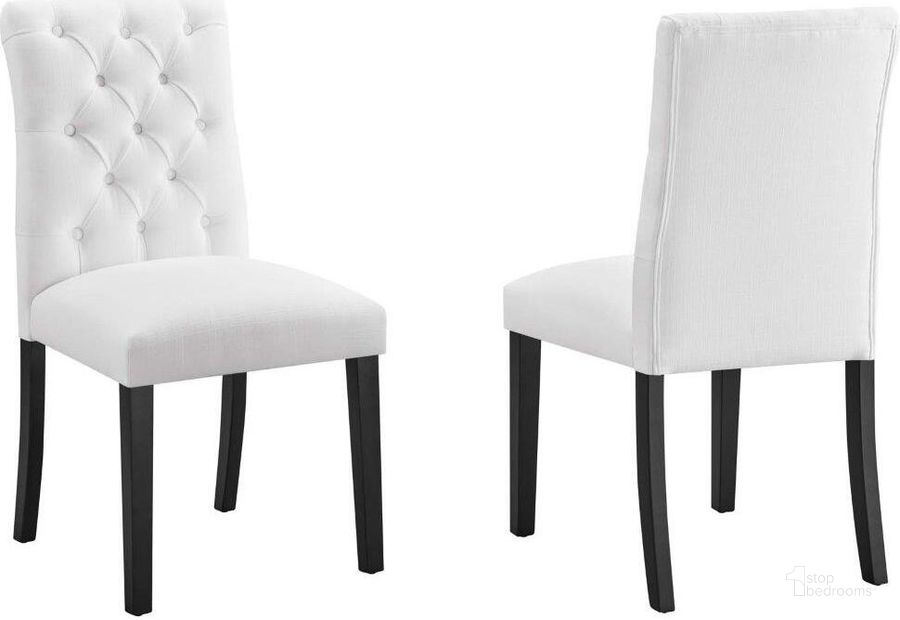 The appearance of Duchess Dining Chair Fabric Set of 2 In White designed by Modway in the modern / contemporary interior design. This white piece of furniture  was selected by 1StopBedrooms from Duchess Collection to add a touch of cosiness and style into your home. Sku: EEI-3474-WHI. Product Type: Dining Chair. Material: Plywood. Image1