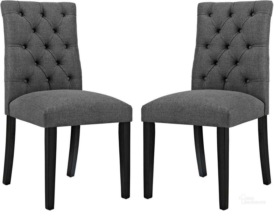 The appearance of Duchess Gray Dining Chair Fabric Set of 2 designed by Modway in the modern / contemporary interior design. This gray piece of furniture  was selected by 1StopBedrooms from Duchess Collection to add a touch of cosiness and style into your home. Sku: EEI-3474-GRY. Product Type: Dining Chair. Material: Plywood. Image1