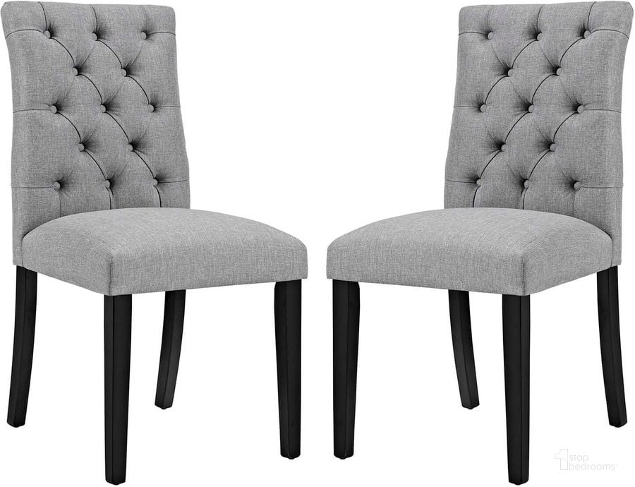 The appearance of Duchess Light Gray Dining Chair Fabric Set of 2 designed by Modway in the modern / contemporary interior design. This light gray piece of furniture  was selected by 1StopBedrooms from Duchess Collection to add a touch of cosiness and style into your home. Sku: EEI-3474-LGR. Product Type: Dining Chair. Material: Plywood. Image1