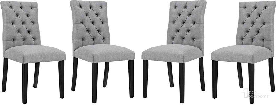 The appearance of Duchess Light Gray Dining Chair Fabric Set of 4 designed by Modway in the modern / contemporary interior design. This light gray piece of furniture  was selected by 1StopBedrooms from Duchess Collection to add a touch of cosiness and style into your home. Sku: EEI-3475-LGR. Product Type: Dining Chair. Material: Plywood. Image1