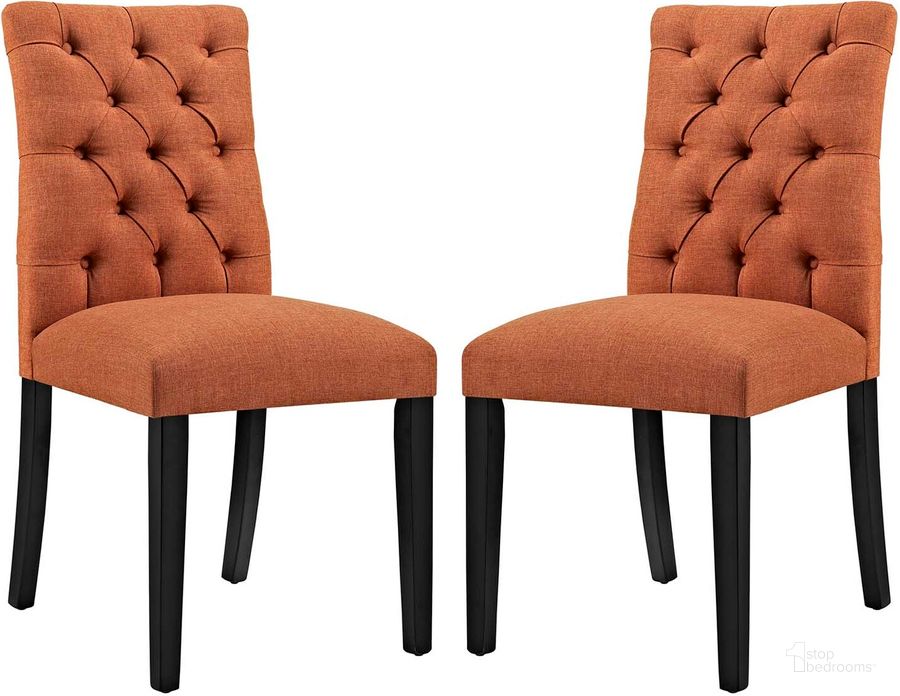 The appearance of Duchess Orange Dining Chair Fabric Set of 2 designed by Modway in the modern / contemporary interior design. This orange piece of furniture  was selected by 1StopBedrooms from Duchess Collection to add a touch of cosiness and style into your home. Sku: EEI-3474-ORA. Product Type: Dining Chair. Material: Plywood. Image1