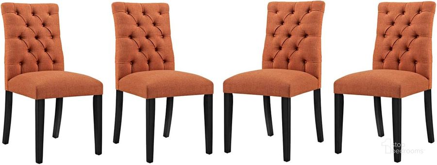The appearance of Duchess Orange Dining Chair Fabric Set of 4 designed by Modway in the modern / contemporary interior design. This orange piece of furniture  was selected by 1StopBedrooms from Duchess Collection to add a touch of cosiness and style into your home. Sku: EEI-3475-ORA. Product Type: Dining Chair. Material: Plywood. Image1