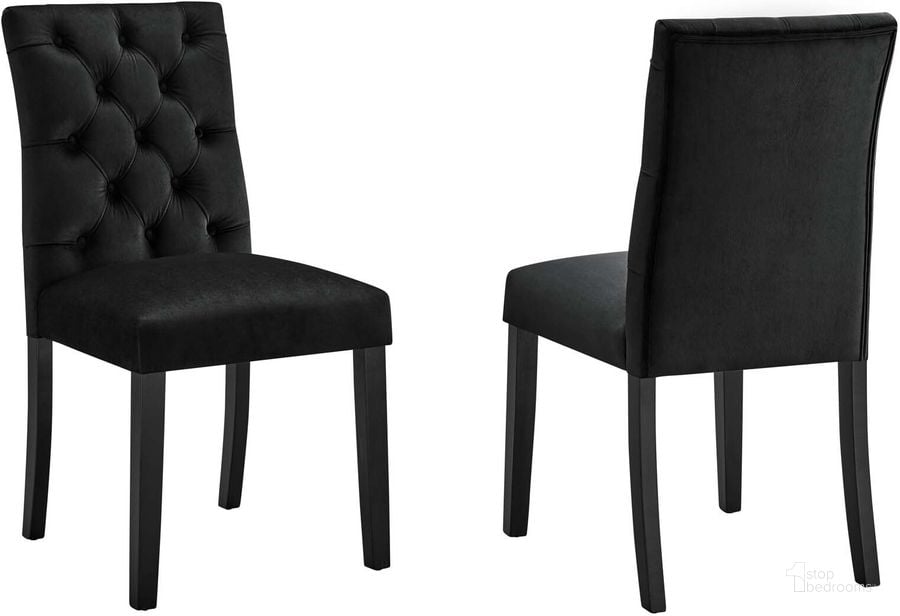 The appearance of Duchess Performance Velvet Dining Chair Set Of 2 In Black designed by Modway in the modern / contemporary interior design. This black piece of furniture  was selected by 1StopBedrooms from Duchess Collection to add a touch of cosiness and style into your home. Sku: EEI-5011-BLK. Material: Wood. Product Type: Dining Chair. Image1