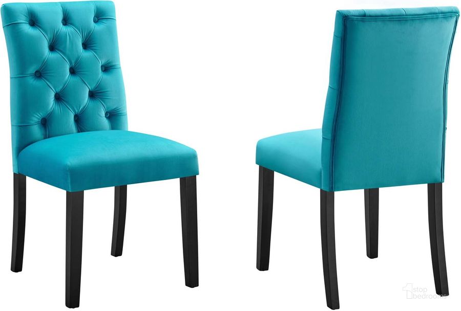 The appearance of Duchess Performance Velvet Dining Chair Set Of 2 In Blue designed by Modway in the modern / contemporary interior design. This blue piece of furniture  was selected by 1StopBedrooms from Duchess Collection to add a touch of cosiness and style into your home. Sku: EEI-5011-BLU. Material: Wood. Product Type: Dining Chair. Image1