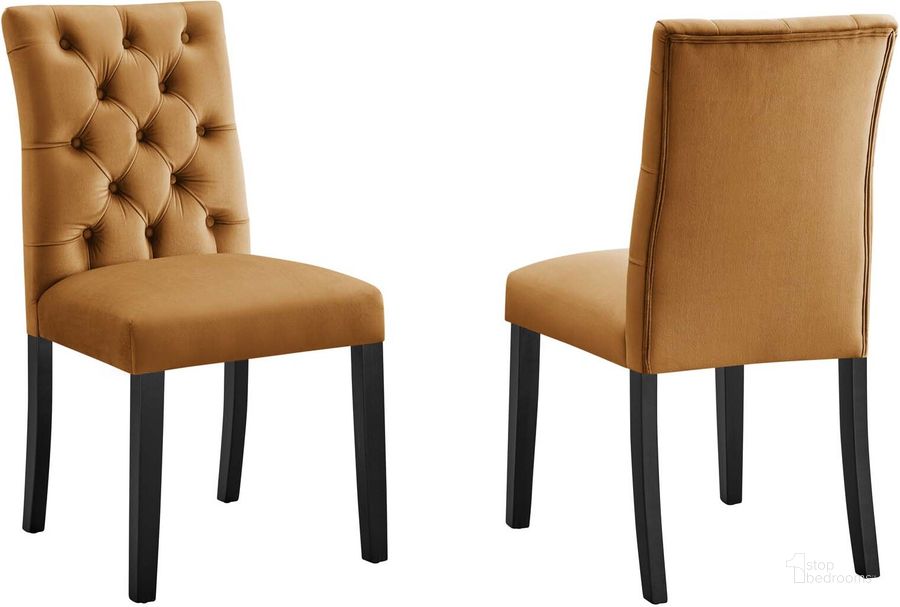 The appearance of Duchess Performance Velvet Dining Chair Set Of 2 In Cognac designed by Modway in the modern / contemporary interior design. This cognac piece of furniture  was selected by 1StopBedrooms from Duchess Collection to add a touch of cosiness and style into your home. Sku: EEI-5011-COG. Material: Wood. Product Type: Dining Chair. Image1