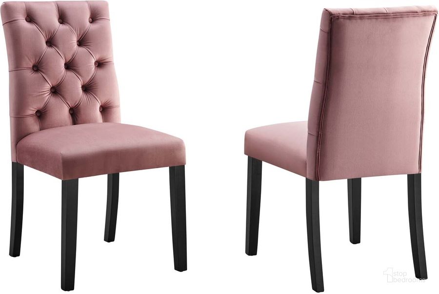 The appearance of Duchess Performance Velvet Dining Chair Set Of 2 In Dusty Rose designed by Modway in the modern / contemporary interior design. This dusty rose piece of furniture  was selected by 1StopBedrooms from Duchess Collection to add a touch of cosiness and style into your home. Sku: EEI-5011-DUS. Material: Wood. Product Type: Dining Chair. Image1