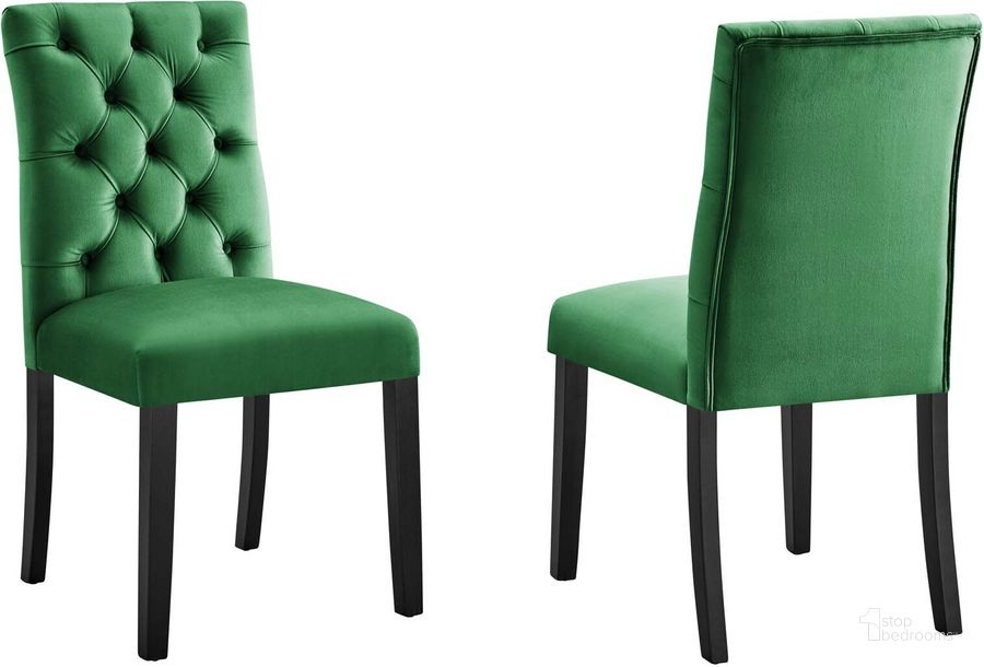 The appearance of Duchess Performance Velvet Dining Chair Set Of 2 In Emerald designed by Modway in the modern / contemporary interior design. This emerald piece of furniture  was selected by 1StopBedrooms from Duchess Collection to add a touch of cosiness and style into your home. Sku: EEI-5011-EME. Material: Wood. Product Type: Dining Chair. Image1