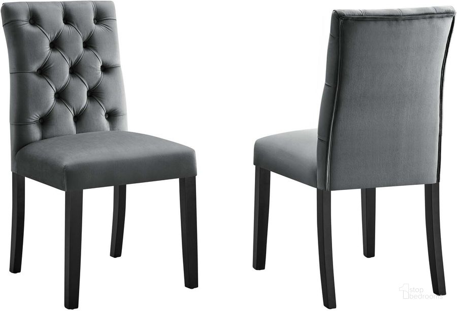 The appearance of Duchess Performance Velvet Dining Chair Set Of 2 In Gray designed by Modway in the modern / contemporary interior design. This gray piece of furniture  was selected by 1StopBedrooms from Duchess Collection to add a touch of cosiness and style into your home. Sku: EEI-5011-GRY. Material: Wood. Product Type: Dining Chair. Image1