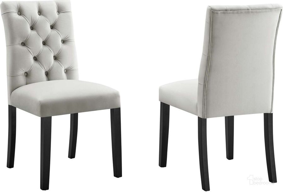 The appearance of Duchess Performance Velvet Dining Chair Set Of 2 In Light Gray designed by Modway in the modern / contemporary interior design. This light gray piece of furniture  was selected by 1StopBedrooms from Duchess Collection to add a touch of cosiness and style into your home. Sku: EEI-5011-LGR. Material: Wood. Product Type: Dining Chair. Image1