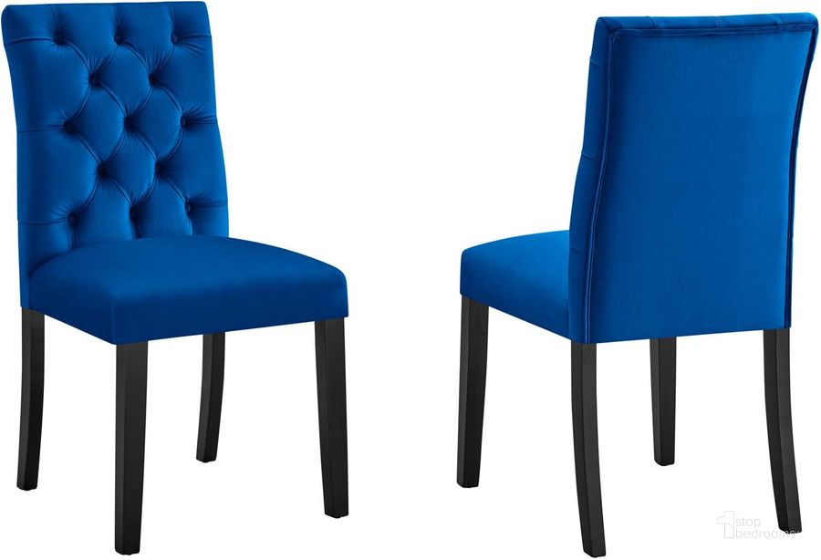 The appearance of Duchess Performance Velvet Dining Chair Set Of 2 In Navy designed by Modway in the modern / contemporary interior design. This navy piece of furniture  was selected by 1StopBedrooms from Duchess Collection to add a touch of cosiness and style into your home. Sku: EEI-5011-NAV. Material: Wood. Product Type: Dining Chair. Image1