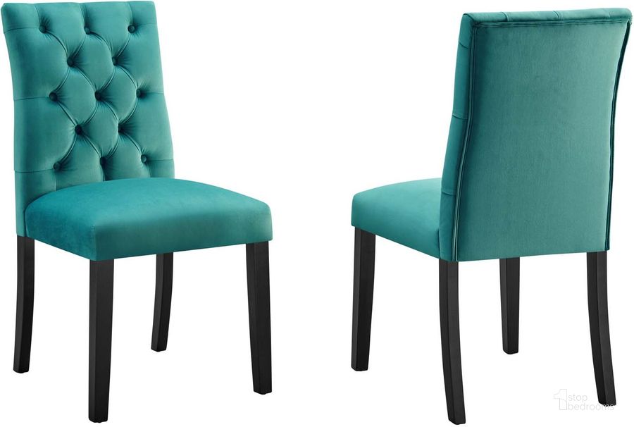 The appearance of Duchess Performance Velvet Dining Chair Set Of 2 In Teal designed by Modway in the modern / contemporary interior design. This teal piece of furniture  was selected by 1StopBedrooms from Duchess Collection to add a touch of cosiness and style into your home. Sku: EEI-5011-TEA. Material: Wood. Product Type: Dining Chair. Image1