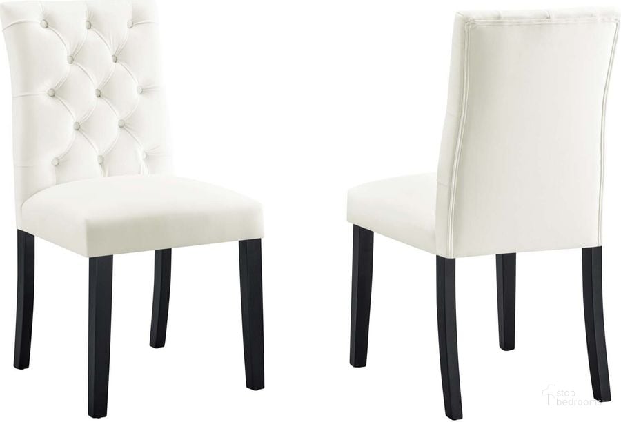 The appearance of Duchess Performance Velvet Dining Chair Set Of 2 In White designed by Modway in the modern / contemporary interior design. This white piece of furniture  was selected by 1StopBedrooms from Duchess Collection to add a touch of cosiness and style into your home. Sku: EEI-5011-WHI. Material: Wood. Product Type: Dining Chair. Image1