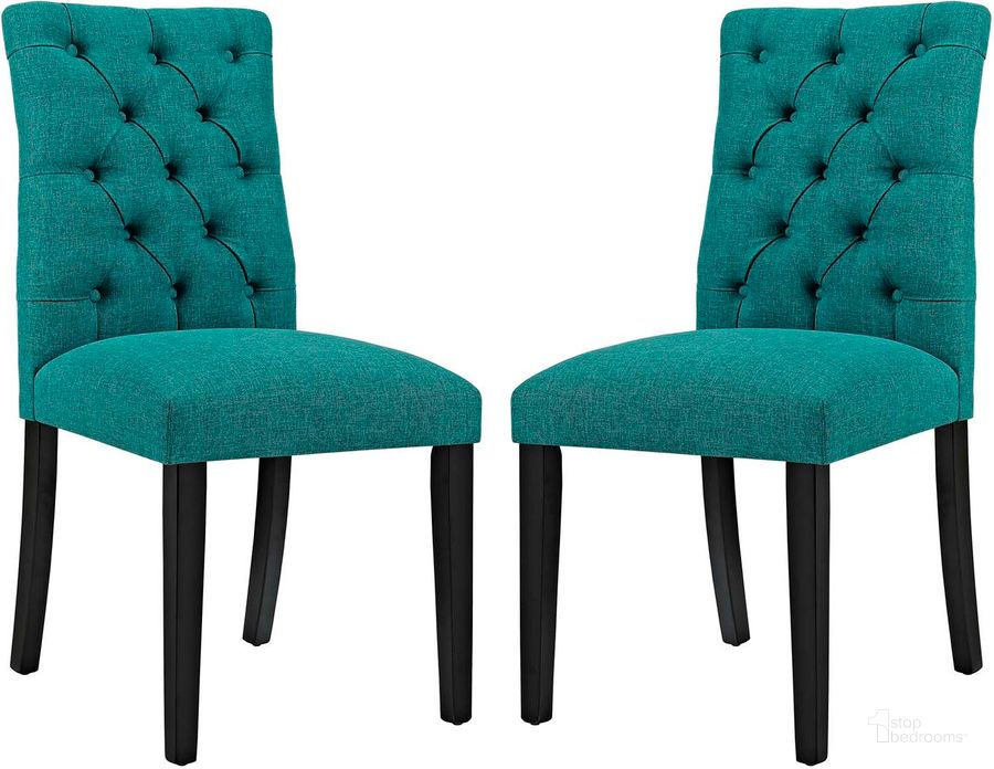 The appearance of Duchess Teal Dining Chair Fabric Set of 2 designed by Modway in the modern / contemporary interior design. This teal piece of furniture  was selected by 1StopBedrooms from Duchess Collection to add a touch of cosiness and style into your home. Sku: EEI-3474-TEA. Product Type: Dining Chair. Material: Plywood. Image1