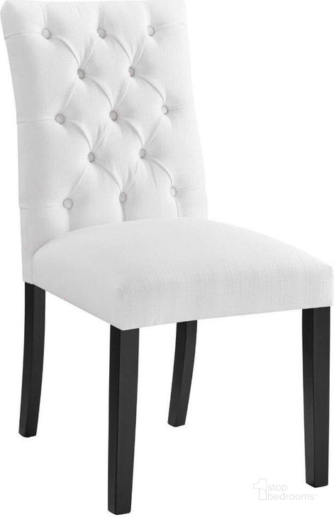 The appearance of Duchess White Button Tufted Fabric Dining Chair designed by Modway in the modern / contemporary interior design. This white piece of furniture  was selected by 1StopBedrooms from Duchess Collection to add a touch of cosiness and style into your home. Sku: EEI-2231-WHI. Product Type: Dining Chair. Material: Plywood. Image1