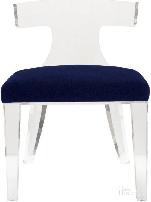 The appearance of Duke Acrylic And Navy Velvet Klismos Chair designed by Worlds Away in the modern / contemporary interior design. This blue piece of furniture  was selected by 1StopBedrooms from Duke Collection to add a touch of cosiness and style into your home. Sku: DUKE NVY. Material: Wood. Product Type: Accent Chair. Image1