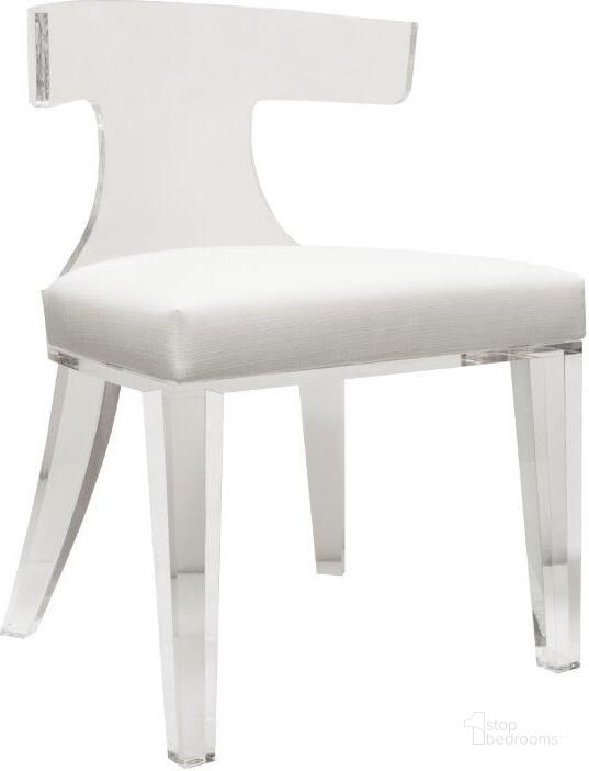 The appearance of Duke Acrylic And White Linen Klismos Chair designed by Worlds Away in the modern / contemporary interior design. This white piece of furniture  was selected by 1StopBedrooms from Duke Collection to add a touch of cosiness and style into your home. Sku: DUKE WH. Material: Wood. Product Type: Accent Chair.