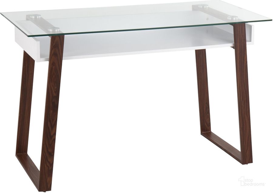 The appearance of Duke Contemporary Desk In Walnut Metal, White Wood, And Clear Glass designed by Lumisource in the modern / contemporary interior design. This walnut piece of furniture  was selected by 1StopBedrooms from Duke Collection to add a touch of cosiness and style into your home. Sku: OFD-DUKE LBNW. Material: Glass. Product Type: Desk. Image1