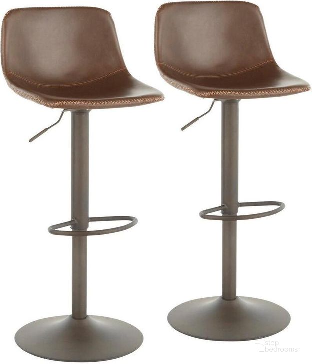 The appearance of Duke Industrial Adjustable Barstool In Antique Metal And Brown Faux Leather - Set Of 2 designed by Lumisource in the industrial interior design. This antique metal piece of furniture  was selected by 1StopBedrooms from Duke Collection to add a touch of cosiness and style into your home. Sku: BS-DUKE ANBN2. Product Type: Barstool. Material: PU. Image1