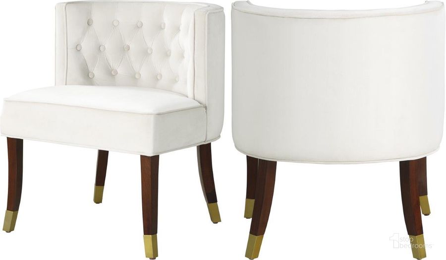 The appearance of Dundas Cream Velvet Dining Chair Set of 2 designed by Furnique in the modern / contemporary interior design. This cream velvet piece of furniture  was selected by 1StopBedrooms from Dundas Collection to add a touch of cosiness and style into your home. Sku: 933Cream-C. Material: Wood. Product Type: Dining Chair. Image1