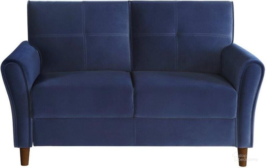 The appearance of Dunleith Blue Loveseat designed by Homelegance in the transitional interior design. This blue piece of furniture  was selected by 1StopBedrooms from Dunleith Collection to add a touch of cosiness and style into your home. Sku: 9348BUE-2. Product Type: Loveseat. Material: Velvet. Image1