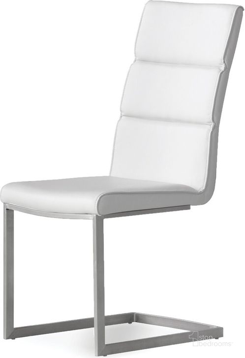 The appearance of Duomo White Leatherette With Brushed Stainless Steel Dining Chair - Set of 2 designed by Mobital in the modern / contemporary interior design. This white piece of furniture  was selected by 1StopBedrooms from Duomo Collection to add a touch of cosiness and style into your home. Sku: DCH-DUOM-WHIT-. Material: Leather. Product Type: Dining Chair.